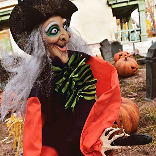 49 Inches Halloween Hanging Animated Witch with Light-up Eyes and Scary Sound Effects, Design with Motion and Sound Activation Function for Halloween Prop Décor, Outdoor, Indoor, Haunted House
