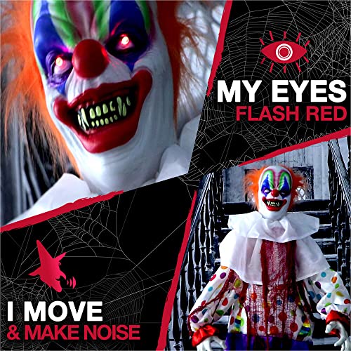 Haunted Hill Farm Life-Size Scary Animatronic Talking Clown with Motion, Touch Activated Lights, and Sounds, Indoor or Covered Outdoor Halloween Decorations, Battery Operated Halloween Prop