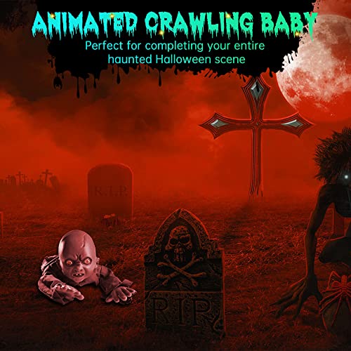 AW Animated Crawling Baby Zombie Scary Ghost Baby Doll Halloween Haunted House Decor Sound Sensor Flashing Eyes