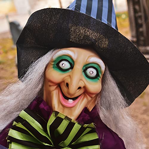 49 Inches Halloween Hanging Animated Witch with Light-up Eyes and Scary Sound Effects, Design with Motion and Sound Activation Function for Halloween Prop Décor, Outdoor, Indoor, Haunted House