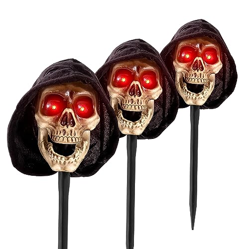 Entehaus Halloween Animatronics Talking Grim Reaper Pathway - with Sound Activated, Creepy Voice, Spooky Skull head, Light Up Eyes, Scary Motion Skeleton Haunted Horror Prop for Indoor/Outdoor (3Pack)