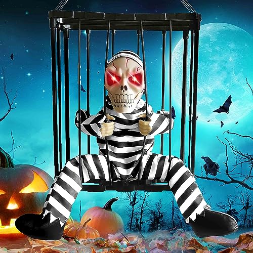 Scary Animated Halloween Decorations, Decor Prop with Motion Sensor Activated Halloween, Skull Cage Prisoner Haunted House Decor, Spooky Hanging Ghost Light Up Eyes Decorations Pranks for Kids Adults