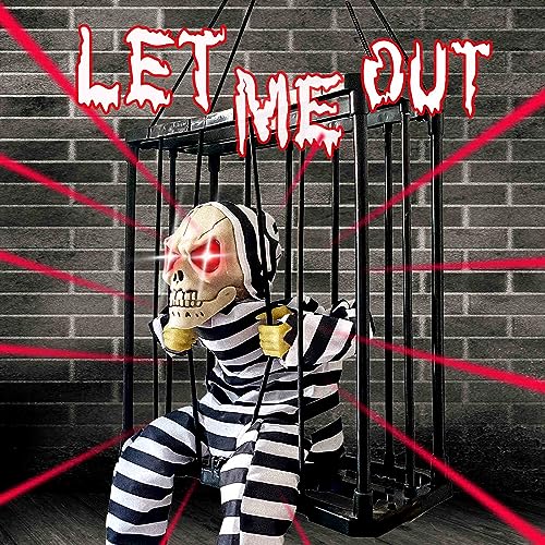 Scary Animated Halloween Decorations, Decor Prop with Motion Sensor Activated Halloween, Skull Cage Prisoner Haunted House Decor, Spooky Hanging Ghost Light Up Eyes Decorations Pranks for Kids Adults