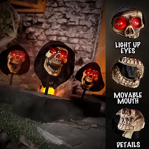 Entehaus Halloween Animatronics Talking Grim Reaper Pathway - with Sound Activated, Creepy Voice, Spooky Skull head, Light Up Eyes, Scary Motion Skeleton Haunted Horror Prop for Indoor/Outdoor (3Pack)