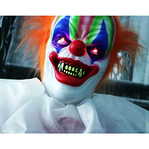 Haunted Hill Farm Life-Size Scary Animatronic Talking Clown with Motion, Touch Activated Lights, and Sounds, Indoor or Covered Outdoor Halloween Decorations, Battery Operated Halloween Prop