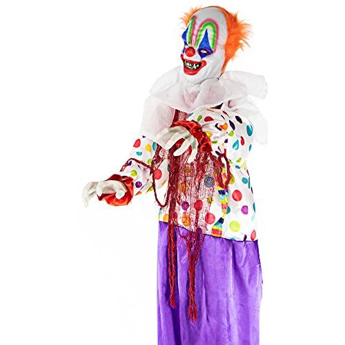 Haunted Hill Farm Life-Size Scary Animatronic Talking Clown with Motion, Touch Activated Lights, and Sounds, Indoor or Covered Outdoor Halloween Decorations, Battery Operated Halloween Prop