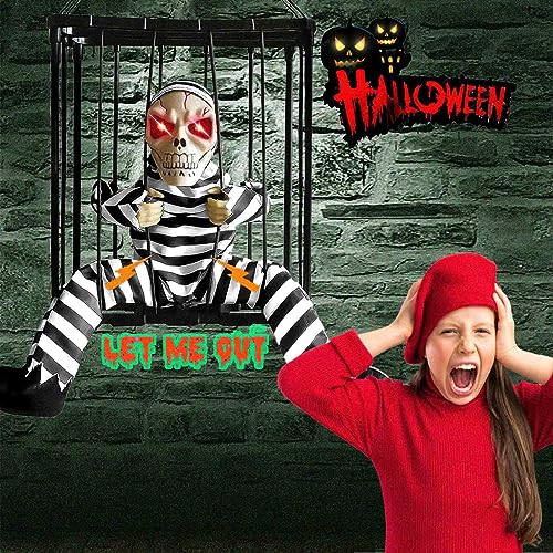 Scary Animated Halloween Decorations, Decor Prop with Motion Sensor Activated Halloween, Skull Cage Prisoner Haunted House Decor, Spooky Hanging Ghost Light Up Eyes Decorations Pranks for Kids Adults