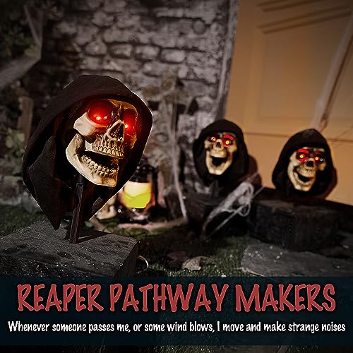 Entehaus Halloween Animatronics Talking Grim Reaper Pathway - with Sound Activated, Creepy Voice, Spooky Skull head, Light Up Eyes, Scary Motion Skeleton Haunted Horror Prop for Indoor/Outdoor (3Pack)