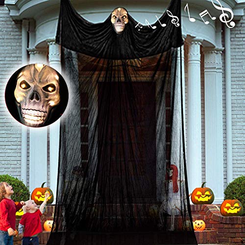 Lamgoa 12.3ft Halloween Ghost Hanging Decorations, Scary Hanging Reaper Motion Voice Activated with Creepy Sound & Glowing Mask Flying Ghost for Haunted House, Yard Home Party Indoor Outdoor Decor