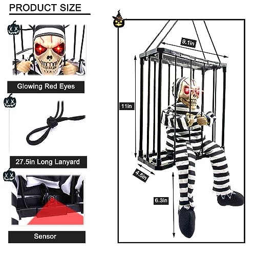 Scary Animated Halloween Decorations, Decor Prop with Motion Sensor Activated Halloween, Skull Cage Prisoner Haunted House Decor, Spooky Hanging Ghost Light Up Eyes Decorations Pranks for Kids Adults