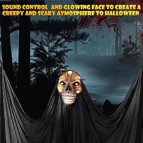 Lamgoa 12.3ft Halloween Ghost Hanging Decorations, Scary Hanging Reaper Motion Voice Activated with Creepy Sound & Glowing Mask Flying Ghost for Haunted House, Yard Home Party Indoor Outdoor Decor
