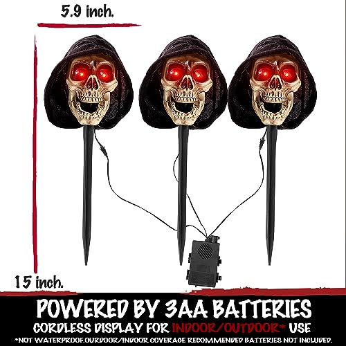Entehaus Halloween Animatronics Talking Grim Reaper Pathway - with Sound Activated, Creepy Voice, Spooky Skull head, Light Up Eyes, Scary Motion Skeleton Haunted Horror Prop for Indoor/Outdoor (3Pack)