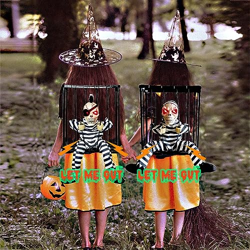Scary Animated Halloween Decorations, Decor Prop with Motion Sensor Activated Halloween, Skull Cage Prisoner Haunted House Decor, Spooky Hanging Ghost Light Up Eyes Decorations Pranks for Kids Adults