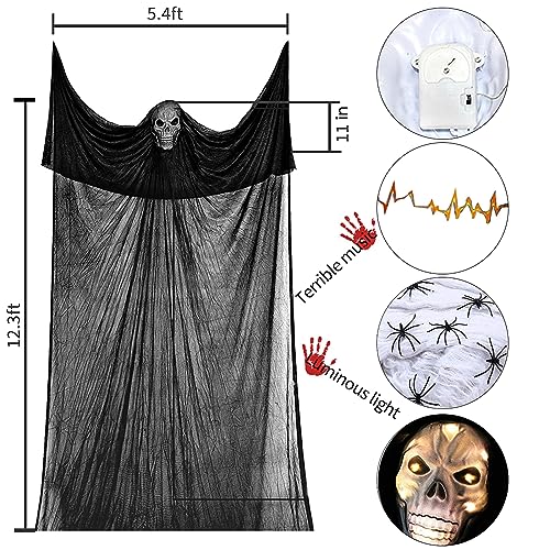Lamgoa 12.3ft Halloween Ghost Hanging Decorations, Scary Hanging Reaper Motion Voice Activated with Creepy Sound & Glowing Mask Flying Ghost for Haunted House, Yard Home Party Indoor Outdoor Decor