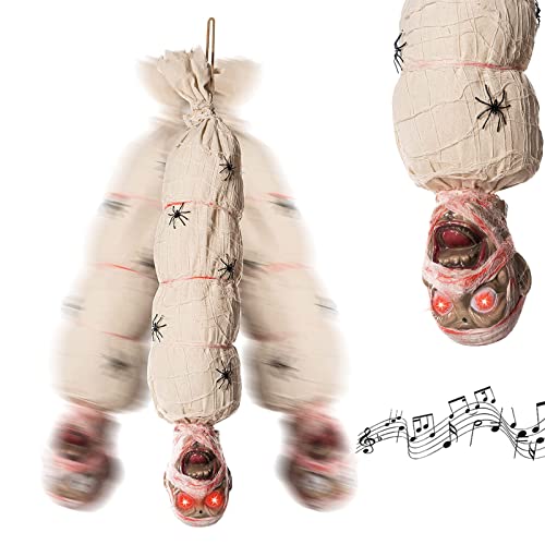 Shaking Corpse Motion Animated Hanging Cocoon Corpse Decoration 39in, Activated Decor, Jump Scare Creepy Mummy Red Glowing Eyes & Activated Voice, Spider Adorned Indoor & Outdoor
