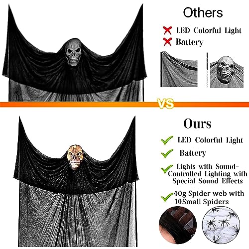 Lamgoa 12.3ft Halloween Ghost Hanging Decorations, Scary Hanging Reaper Motion Voice Activated with Creepy Sound & Glowing Mask Flying Ghost for Haunted House, Yard Home Party Indoor Outdoor Decor