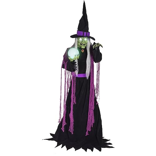Haunted Hill Farm 6-Ft. Tall Fortune Teller Witch, Plug-in Motion-Activated Talking Scare Prop Halloween Animatronic for Indoor or Covered Outdoor Creepy Halloween Decorations, Spooky Halloween Props