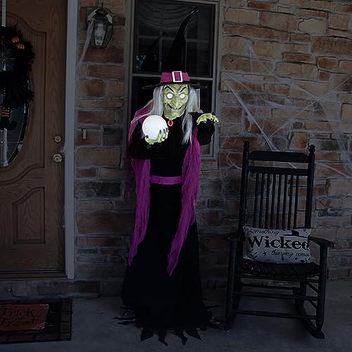Haunted Hill Farm 6-Ft. Tall Fortune Teller Witch, Plug-in Motion-Activated Talking Scare Prop Halloween Animatronic for Indoor or Covered Outdoor Creepy Halloween Decorations, Spooky Halloween Props