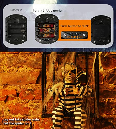 CRILEAL Skeleton Animated Halloween Decorations, Screaming Halloween Decor with Motion Activated & Light Sensor, Spooky Prisoner Cage with Spider Web Haunted House Decorations, Ghost with Hat