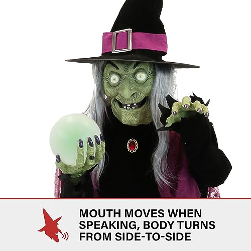 Haunted Hill Farm 6-Ft. Tall Fortune Teller Witch, Plug-in Motion-Activated Talking Scare Prop Halloween Animatronic for Indoor or Covered Outdoor Creepy Halloween Decorations, Spooky Halloween Props