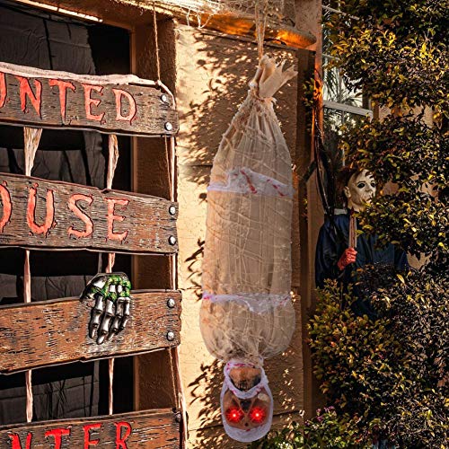 JOYIN 35" Halloween Animated Hanging Corpse with LED Light Up Eyes & Sound Effect for Indoor and Outdoor Decorations