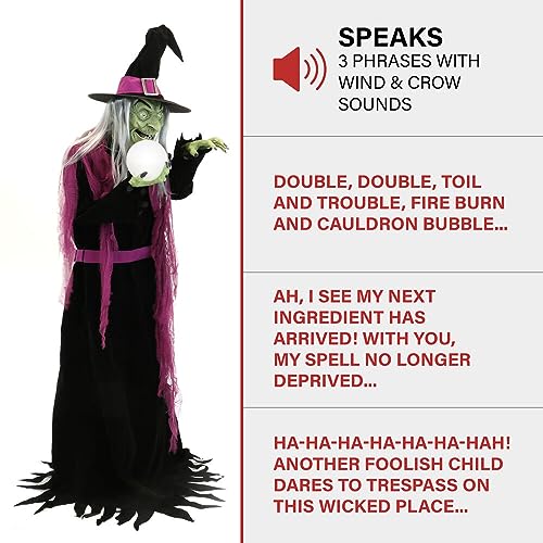 Haunted Hill Farm 6-Ft. Tall Fortune Teller Witch, Plug-in Motion-Activated Talking Scare Prop Halloween Animatronic for Indoor or Covered Outdoor Creepy Halloween Decorations, Spooky Halloween Props