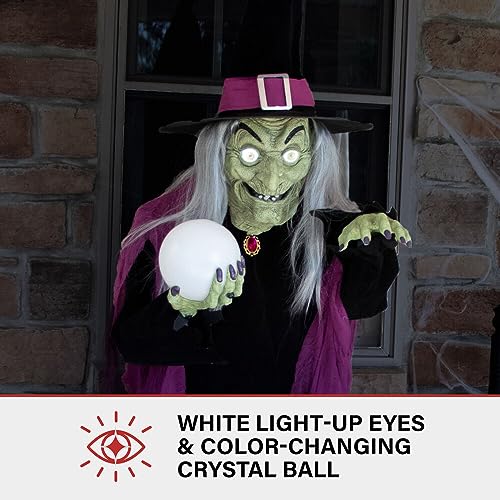 Haunted Hill Farm 6-Ft. Tall Fortune Teller Witch, Plug-in Motion-Activated Talking Scare Prop Halloween Animatronic for Indoor or Covered Outdoor Creepy Halloween Decorations, Spooky Halloween Props