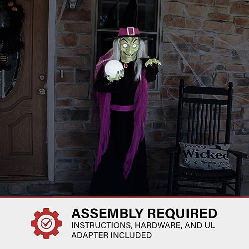 Haunted Hill Farm 6-Ft. Tall Fortune Teller Witch, Plug-in Motion-Activated Talking Scare Prop Halloween Animatronic for Indoor or Covered Outdoor Creepy Halloween Decorations, Spooky Halloween Props