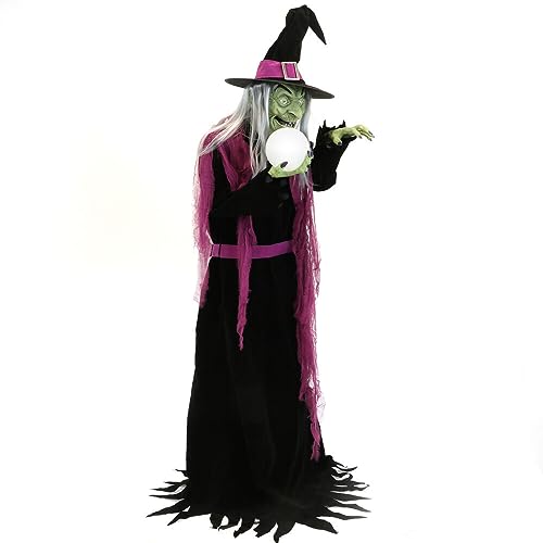 Haunted Hill Farm 6-Ft. Tall Fortune Teller Witch, Plug-in Motion-Activated Talking Scare Prop Halloween Animatronic for Indoor or Covered Outdoor Creepy Halloween Decorations, Spooky Halloween Props