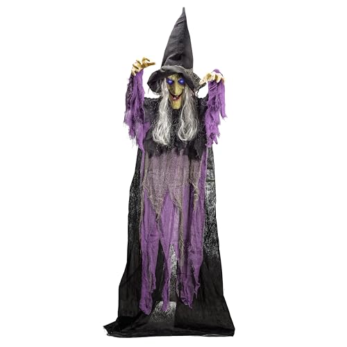 JOYIN 72” Halloween Hanging Flying Witch Animatronic Purple, Talking Animated Witch Light Up Eyes Sound Activated, Halloween Decorations Outside Indoor Animatronics Haunted House