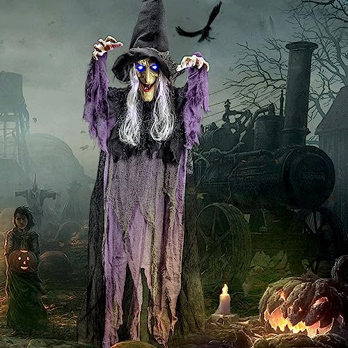 JOYIN 72” Halloween Hanging Flying Witch Animatronic Purple, Talking Animated Witch Light Up Eyes Sound Activated, Halloween Decorations Outside Indoor Animatronics Haunted House