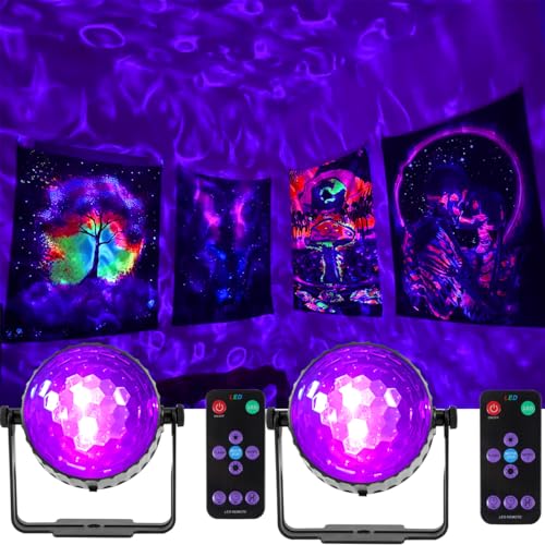 2×10W 5ft USB Cord LED Dynamic Waves Remote Control Projector Sound Strobe Stage Effect Blacklight for Halloween Glow in The Dark Fluorescent Party Bedroom Game Room Body Paint Stage Lighting