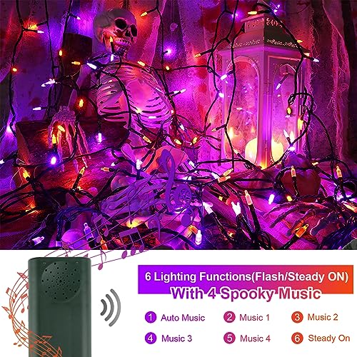 Tcamp Battery Operated Halloween Lights Motion Activated Sync with Music, 33FT 100 LED Orange Purple Halloween String Lights with Spooky Music for Outdoor Indoor Halloween Decor (6 Lighting Modes)