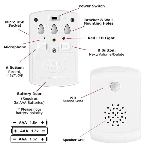 Talking Products, Voice Recordable PIR Infrared Motion Sensor Detector with Multi-Track Playback. Record or Download your own Custom MP3 Files to Play Speech, Music or Sound Effects.