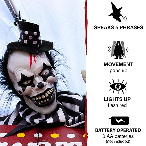 Haunted Hill Farm Scary Talking Groundbreaker Clown, Halloween Animatronic with Motion and Touch Activated Lights and Sounds, Battery Operated Indoor or Covered Outdoor Halloween Decorations