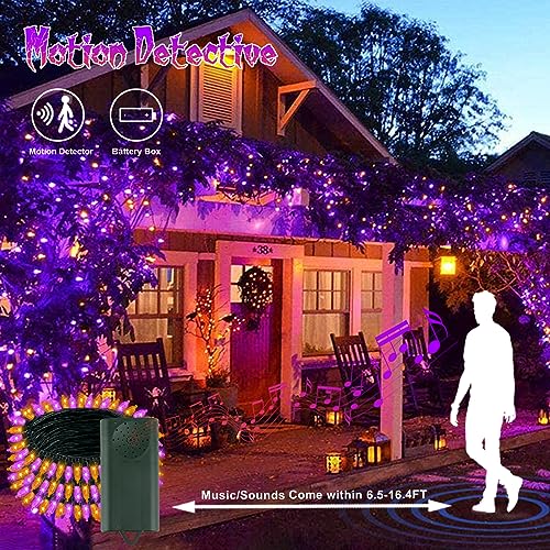 Tcamp Battery Operated Halloween Lights Motion Activated Sync with Music, 33FT 100 LED Orange Purple Halloween String Lights with Spooky Music for Outdoor Indoor Halloween Decor (6 Lighting Modes)
