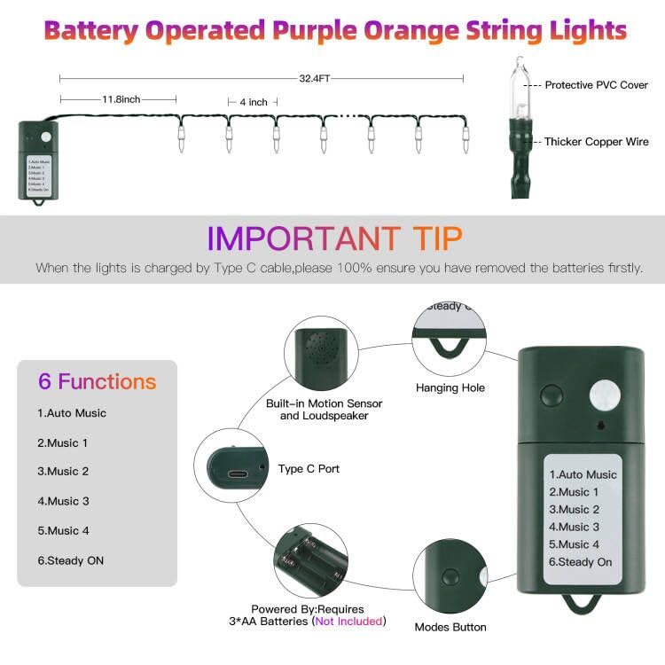 Tcamp Battery Operated Halloween Lights Motion Activated Sync with Music, 33FT 100 LED Orange Purple Halloween String Lights with Spooky Music for Outdoor Indoor Halloween Decor (6 Lighting Modes)
