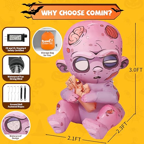 COMIN 3 FT Halloween Inflatables Zombie Baby Outdoor Decorations Blow Up Yard with Built-in LEDs for Indoor Party Garden Lawn Decor