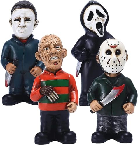 Cafele Horror Movie Garden Gnomes Michael Myers Statue Freddy Jason Scream Action Figure Outdoor Halloween Decorations Collectibles (4pcs)
