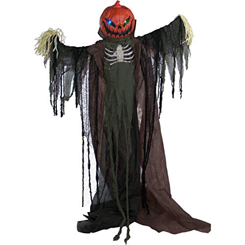 Haunted Hill Farm Life-Size Poseable Pumpkin Scarecrow, Halloween Animatronic with Touch Activated Lights and Sound, Scary Fright Props, Battery Operated Indoor or Covered Outdoor Halloween Decoration