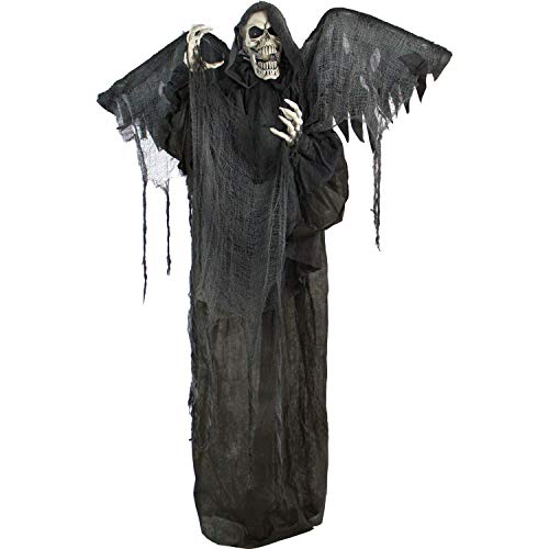 Haunted Hill Farm Life-Size Skeleton Reaper with Wings, Poseable Halloween Animatronic with Touch Activated Lights and Sound, Battery Operated Indoor or Covered Outdoor Scary Halloween Decorations