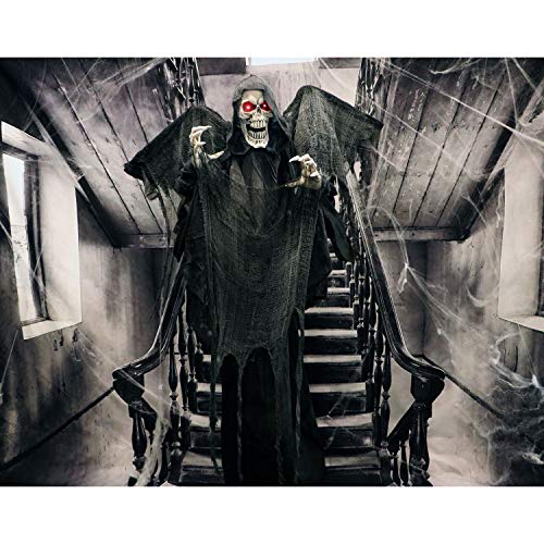 Haunted Hill Farm Life-Size Skeleton Reaper with Wings, Poseable Halloween Animatronic with Touch Activated Lights and Sound, Battery Operated Indoor or Covered Outdoor Scary Halloween Decorations