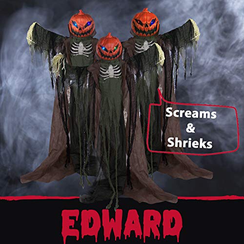 Haunted Hill Farm Life-Size Poseable Pumpkin Scarecrow, Halloween Animatronic with Touch Activated Lights and Sound, Scary Fright Props, Battery Operated Indoor or Covered Outdoor Halloween Decoration
