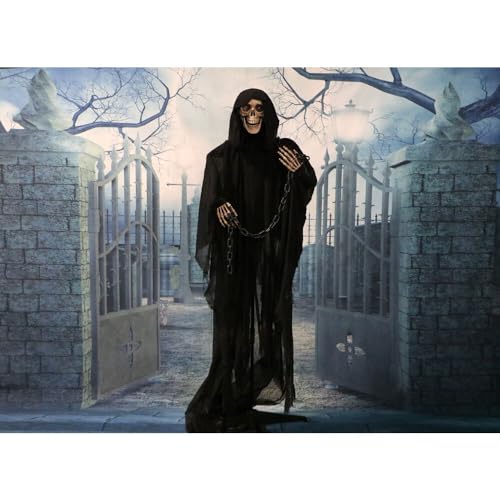 Haunted Hill Farm Life-Size Scary Grim Reaper with Chain, Halloween Animatronic with Touch Activated Lights and Sounds, Battery Operated Indoor or Covered Outdoor Halloween Decorations, Halloween Prop