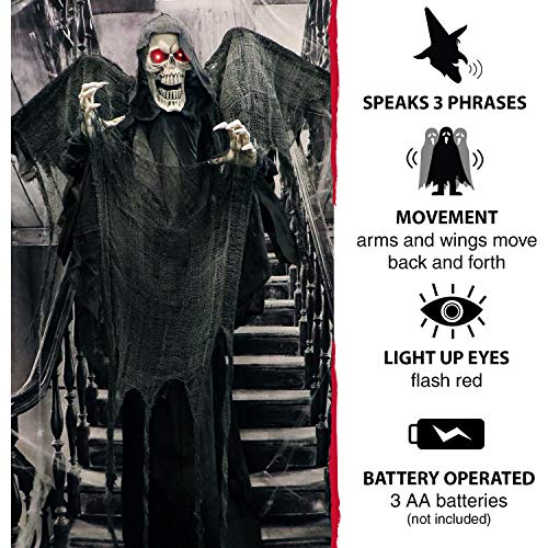 Haunted Hill Farm Life-Size Skeleton Reaper with Wings, Poseable Halloween Animatronic with Touch Activated Lights and Sound, Battery Operated Indoor or Covered Outdoor Scary Halloween Decorations