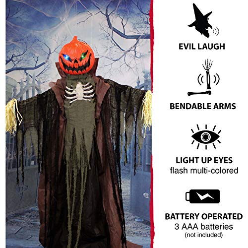 Haunted Hill Farm Life-Size Poseable Pumpkin Scarecrow, Halloween Animatronic with Touch Activated Lights and Sound, Scary Fright Props, Battery Operated Indoor or Covered Outdoor Halloween Decoration
