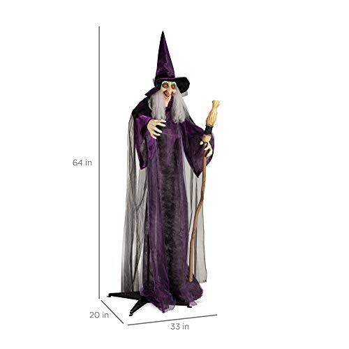 Best Choice Products 5ft Halloween Animatronic Witch, Wicked Wanda Standing Poseable Figure Decoration w/Pre-Recorded Phrases, LED Glowing Eyes, Adjustable Arms