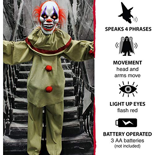 Haunted Hill Farm Life-Size Scary Talking Clown, Halloween Animatronic with Motion and Touch Activated Lights and Sounds, Battery Operated Indoor or Covered Outdoor Halloween Decorations