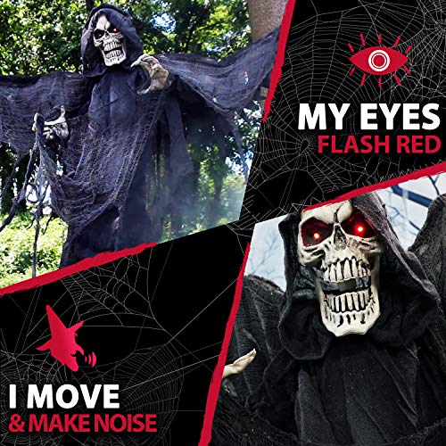 Haunted Hill Farm Life-Size Skeleton Reaper with Wings, Poseable Halloween Animatronic with Touch Activated Lights and Sound, Battery Operated Indoor or Covered Outdoor Scary Halloween Decorations