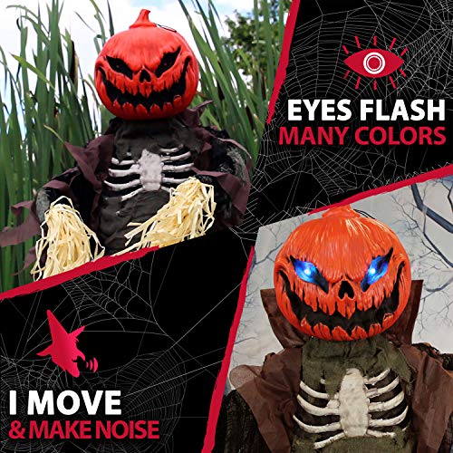 Haunted Hill Farm Life-Size Poseable Pumpkin Scarecrow, Halloween Animatronic with Touch Activated Lights and Sound, Scary Fright Props, Battery Operated Indoor or Covered Outdoor Halloween Decoration